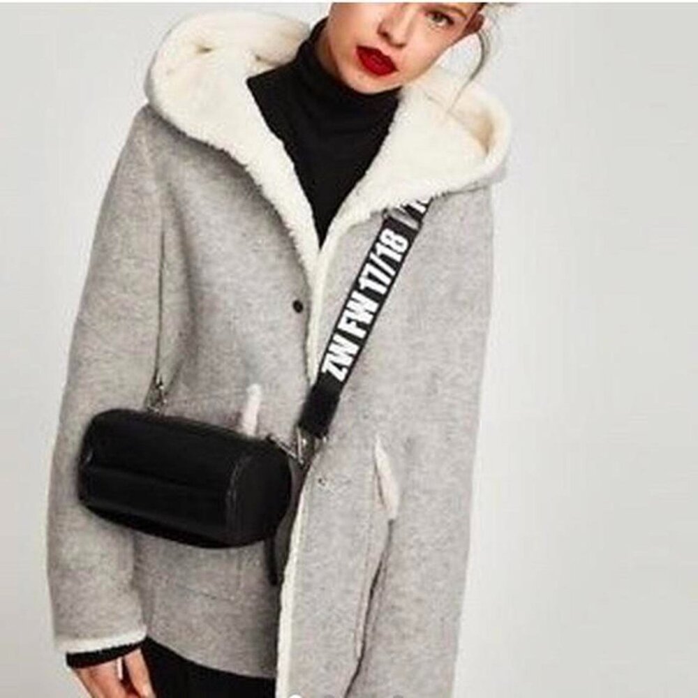 ZARA Wool Blend Hooded Sherpa Detail Coat